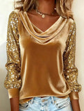 Stylish turtleneck sequin patchwork T-shirt
