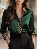 Leopard print crew neck spliced satin shirt
