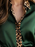 Leopard print crew neck spliced satin shirt