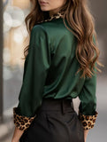 Leopard print crew neck spliced satin shirt