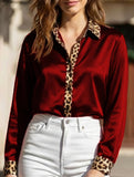 Leopard print crew neck spliced satin shirt
