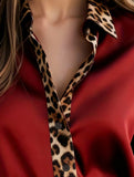 Leopard print crew neck spliced satin shirt