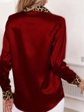 Leopard print crew neck spliced satin shirt