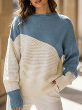 Color-blocked long-sleeved crew neck knit sweater