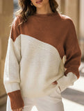 Color-blocked long-sleeved crew neck knit sweater