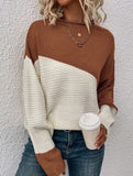 Color-blocked long-sleeved crew neck knit sweater