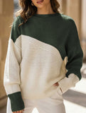 Color-blocked long-sleeved crew neck knit sweater