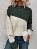 Color-blocked long-sleeved crew neck knit sweater