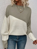 Color-blocked long-sleeved crew neck knit sweater