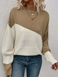 Color-blocked long-sleeved crew neck knit sweater
