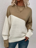 Color-blocked long-sleeved crew neck knit sweater
