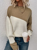 Color-blocked long-sleeved crew neck knit sweater