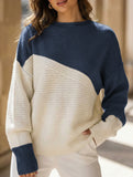 Color-blocked long-sleeved crew neck knit sweater