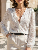 Hollow-out loose V-neck lace shirt