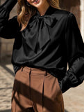 Satin Bow Tie Long Sleeve Blouse