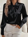Satin Bow Tie Long Sleeve Blouse