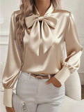 Satin Bow Tie Long Sleeve Blouse
