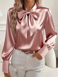 Satin Bow Tie Long Sleeve Blouse