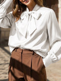 Satin Bow Tie Long Sleeve Blouse