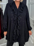 Gold-flecked ruffled loose V-neck long-sleeved shirt_CWTBLL02033