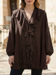 Gold-flecked ruffled loose V-neck long-sleeved shirt_CWTBLL02033