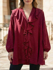 Gold-flecked ruffled loose V-neck long-sleeved shirt_CWTBLL02033