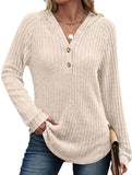 Solid color V-neck button loose hooded knit top_CWTBLL02049