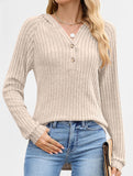 Solid color V-neck button loose hooded knit top_CWTBLL02049