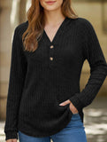 Solid color V-neck button loose hooded knit top_CWTBLL02049