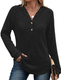 Solid color V-neck button loose hooded knit top_CWTBLL02049