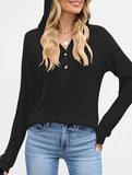 Solid color V-neck button loose hooded knit top_CWTBLL02049