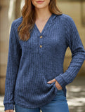 Solid color V-neck button loose hooded knit top_CWTBLL02049