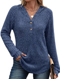 Solid color V-neck button loose hooded knit top_CWTBLL02049