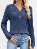 Solid color V-neck button loose hooded knit top_CWTBLL02049