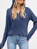Solid color V-neck button loose hooded knit top_CWTBLL02049