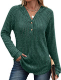 Solid color V-neck button loose hooded knit top_CWTBLL02049