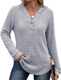 Solid color V-neck button loose hooded knit top_CWTBLL02049