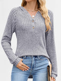 Solid color V-neck button loose hooded knit top_CWTBLL02049