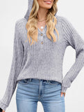 Solid color V-neck button loose hooded knit top_CWTBLL02049