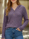 Solid color V-neck button loose hooded knit top_CWTBLL02049