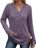 Solid color V-neck button loose hooded knit top_CWTBLL02049