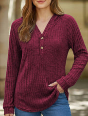 Solid color V-neck button loose hooded knit top_CWTBLL02049