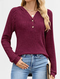 Solid color V-neck button loose hooded knit top_CWTBLL02049