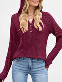 Solid color V-neck button loose hooded knit top_CWTBLL02049