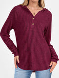 Solid color V-neck button loose hooded knit top_CWTBLL02049