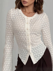 Round Neck Lace Knit Cardigan Flare Sleeve Top_CWTBLL02224