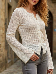 Round Neck Lace Knit Cardigan Flare Sleeve Top_CWTBLL02224