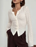 Round Neck Lace Knit Cardigan Flare Sleeve Top_CWTBLL02224
