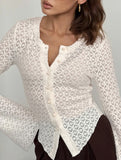 Round Neck Lace Knit Cardigan Flare Sleeve Top_CWTBLL02224