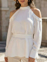 White Halter Chiffon Office Blouse Top_CWTBLL02226